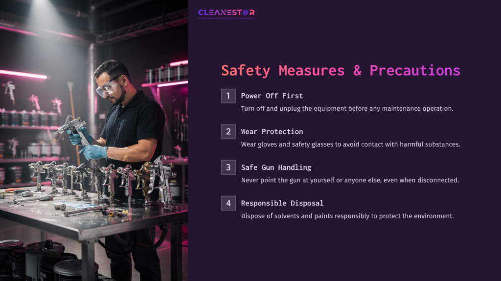 A Technician In Safety Gloves And Glasses Stands At A Table With Spray Painting Equipment, Highlighting Safety Measures For Maintenance.