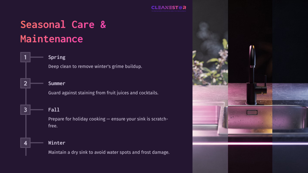 A Modern Acrylic Sink In A Well-Lit Kitchen With Seasonal Care Tips For Maintenance, Featuring A Dark Purple Background And White Text.