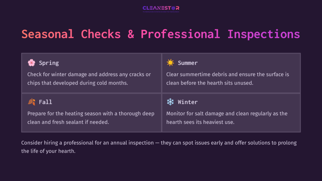 Seasonal Cleaning Tips For A Bluestone Hearth, Organized By Season With Icons And A Purple Background For Clarity.