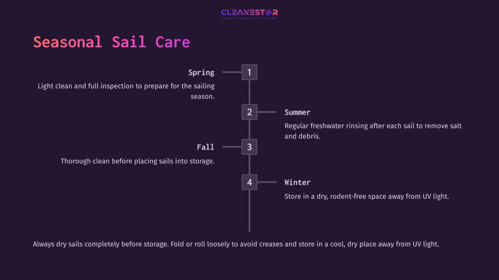 9 Seasonal Sail Care Flowchart Outlining Seasonal Sail Care: Spring Inspection, Summer Cleaning, Fall Storage, Winter Precautions. Dark Background With White Text.