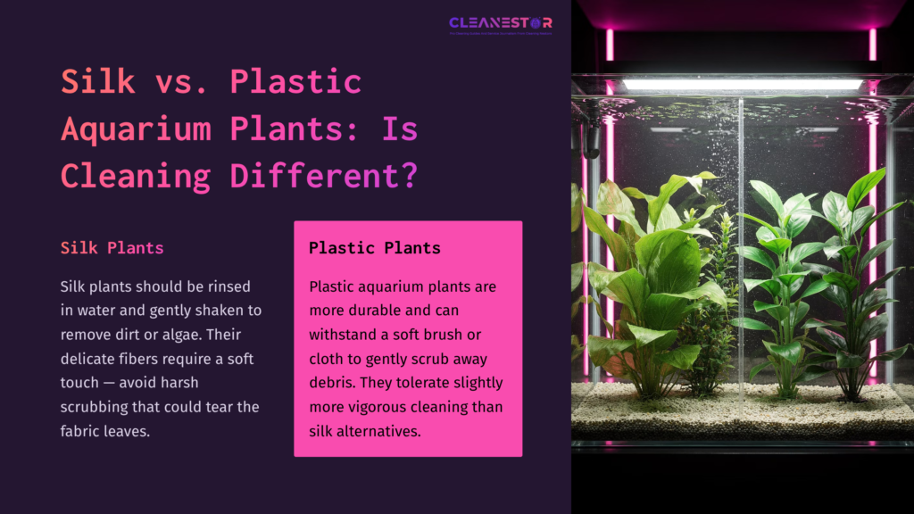 A Vibrant Aquarium Filled With Lush Green Silk Plants Under Soft Pink Lighting, Contrasting With A Dark Background And Informative Text On Plant Care.