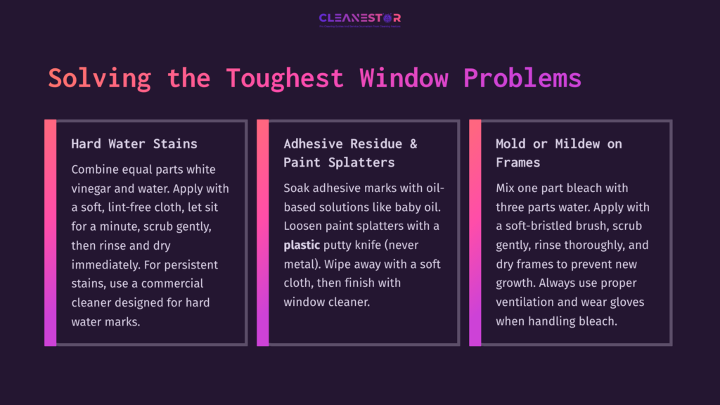 Three Instructional Panels Detailing Window Cleaning Tips: Hard Water Stains, Adhesive Residue, And Mold Removal, With Vibrant Colors And Clear Text.