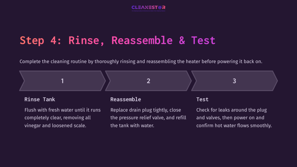 Step-By-Step Instructions For Rinsing, Reassembling, And Testing An Rv Hot Water Heater, With Numbered Sections And A Dark Purple Background.
