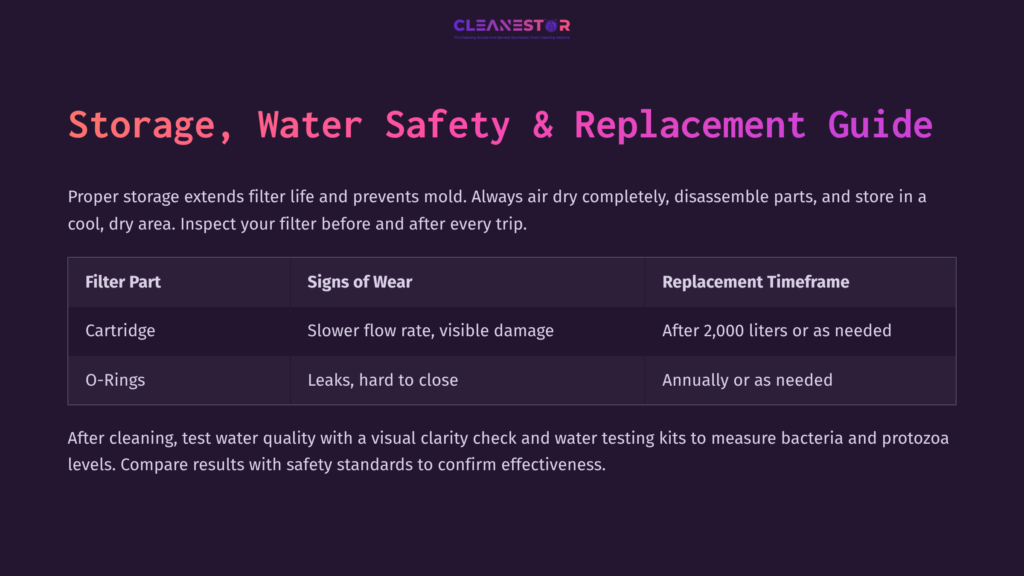 Text-Based Guide On Water Filter Maintenance, Featuring Headings On Filter Parts, Signs Of Wear, And Replacement Advice Against A Dark Purple Background.