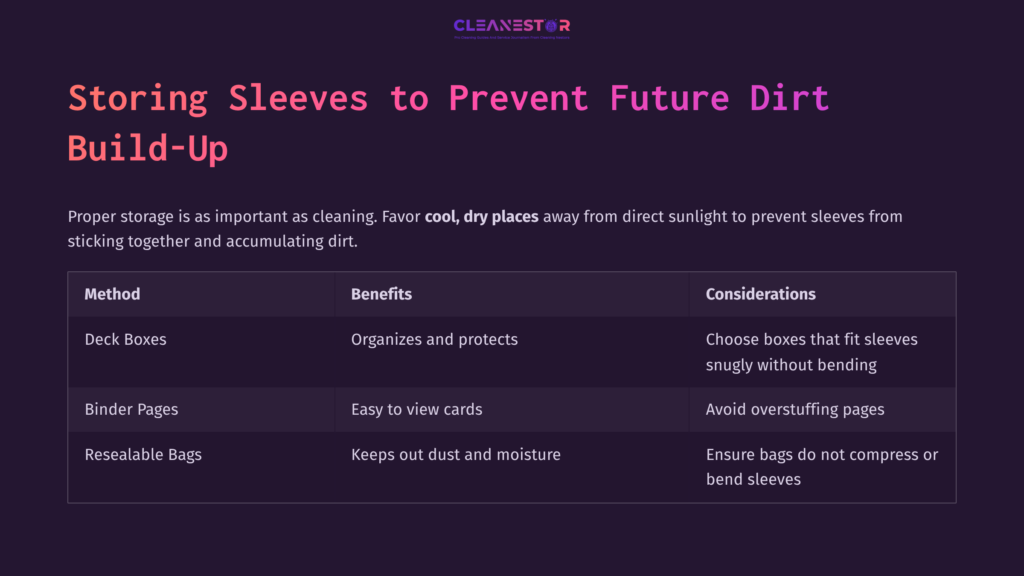 Table Outlining Methods For Storing Card Sleeves, With Sections On &Quot;Method,&Quot; &Quot;Benefits,&Quot; And &Quot;Considerations,&Quot; Set Against A Purple Background.
