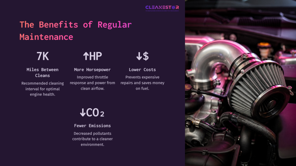 9 The Benefits Of Regular Maintenance A Sleek Air Filter With A Shiny Metallic Finish, Alongside A Purple Background Detailing Benefits Of Regular Maintenance: Improved Horsepower, Cost Savings, And Reduced Emissions.