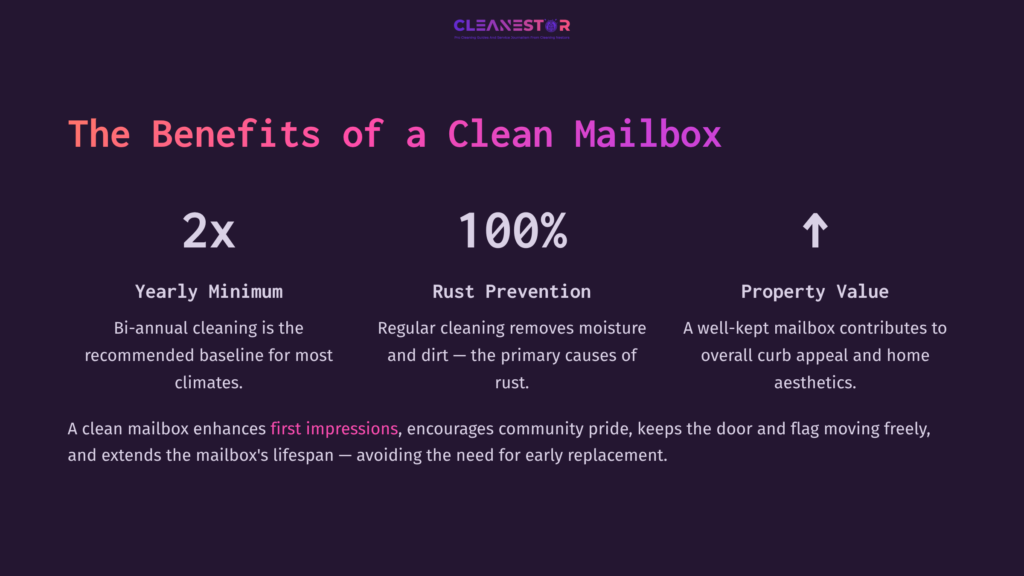 Text On A Dark Purple Background Highlights The Benefits Of A Clean Mailbox, Including Yearly Maintenance, Rust Prevention, And Property Value.