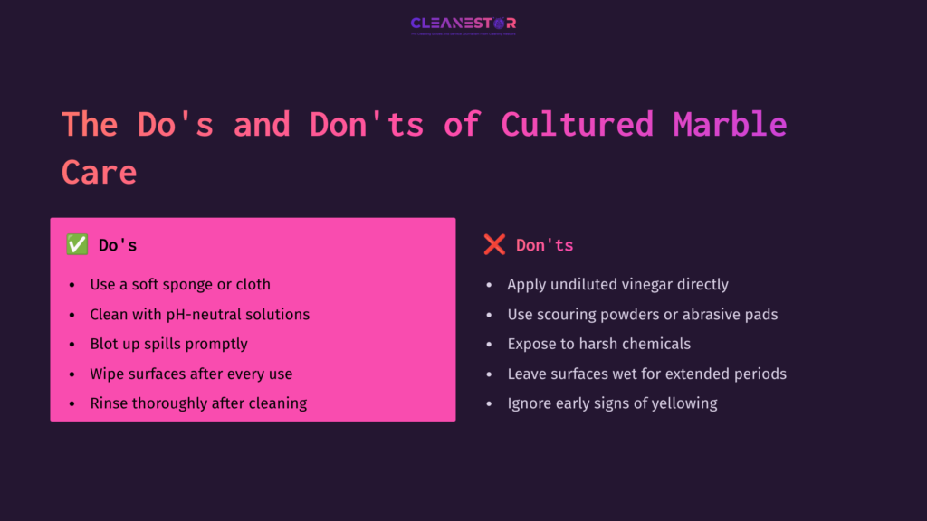 Bright Pink Checklist Highlighting Tips For Cultured Marble Care, With &Quot;Do'S&Quot; On The Left And &Quot;Don'Ts&Quot; On The Right Against A Dark Background.