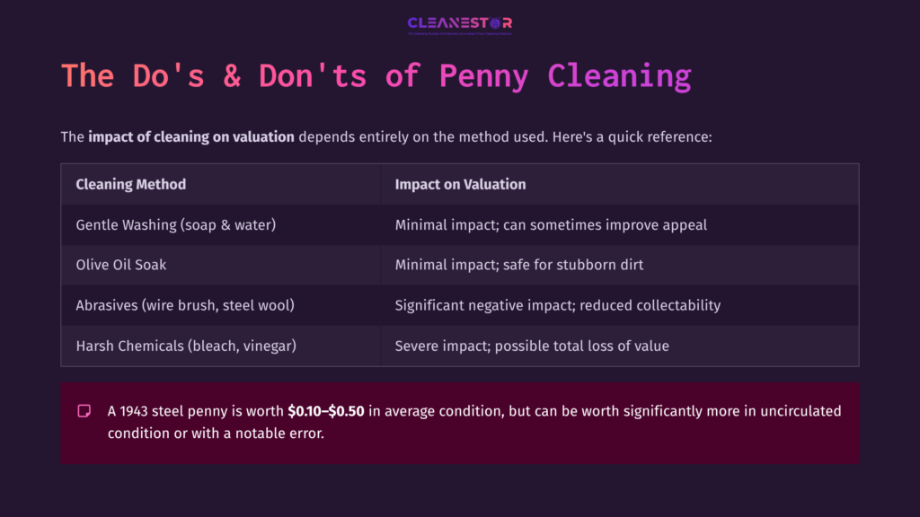 Table Outlining The Do'S And Don'Ts Of Penny Cleaning, Listing Methods, Their Impact On Valuation, With A Purple And Black Color Scheme.