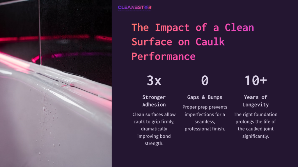 9 The Impact Of A Clean Surface On Caulk Performance A Close-Up Of A Clean Surface With Pink Lighting, Featuring Text On Caulking Benefits, Highlighting Adhesion, Gaps, And Longevity.