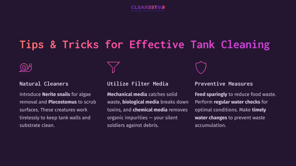Tips And Tricks For Cleaning Fish Tanks, Featuring Sections On Natural Cleaners, Filter Media, And Preventive Measures, On A Dark Background.