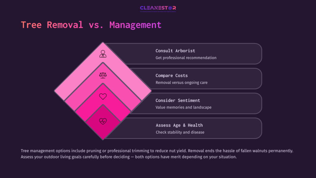 Graphic Comparing Tree Removal And Management Options, Featuring A Diamond Layout With Pink And Purple Hues, Icons For Consulting, Costs, Sentiment, And Assessment.