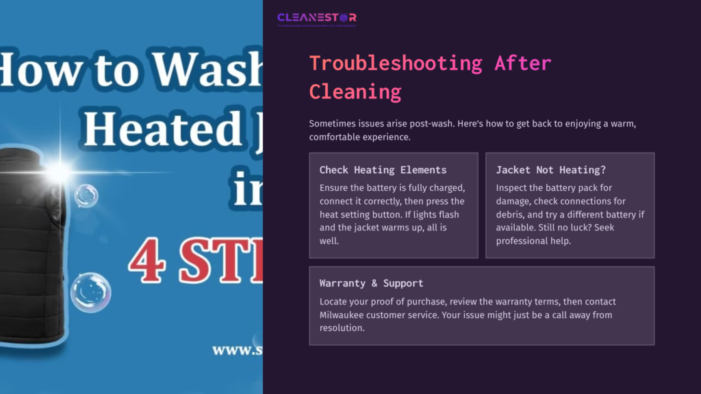 9 Troubleshooting After Cleaning Split-Screen Graphic Featuring A Blue Header Titled &Quot;How To Wash Heated Jacket&Quot; Alongside Troubleshooting Tips In A Purple Box, Detailing Care Instructions.
