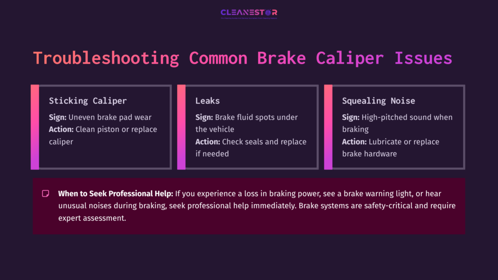 Graphic Displaying Troubleshooting Tips For Brake Caliper Issues, With Sections On Sticking Calipers, Leaks, And Squealing Noise.