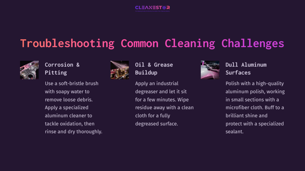 Text On A Dark Purple Background Outlines Tips For Cleaning Aluminum Valve Covers, Featuring Headings About Corrosion, Grease, And Dull Surfaces.