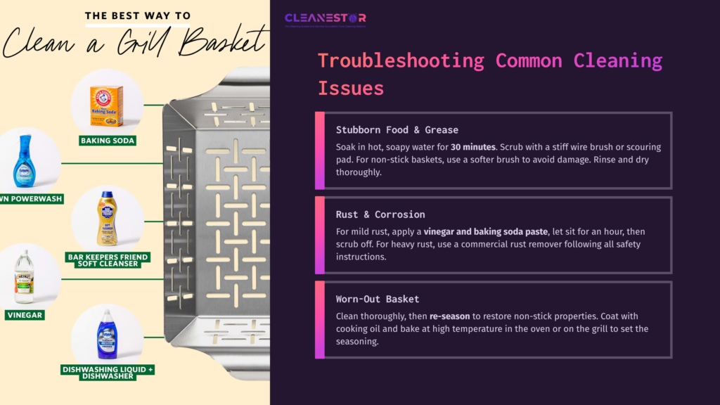 Clean A Grill Basket Guide Featuring A Silver Grill Basket, Cleaning Supplies Like Baking Soda And Vinegar, On A Split-Color Background.