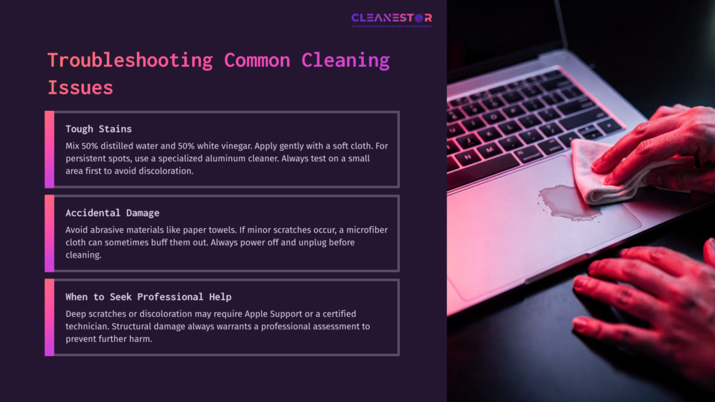 A Macbook Pro With A Cleaning Cloth On Its Aluminum Body, Featuring Tips On Cleaning Issues And Professional Help. Background In Dark Tones.