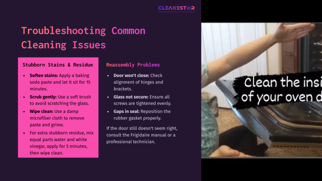 A Person Demonstrating Cleaning Between Glass On An Oven Door, Highlighting Areas To Check And Tools Needed, With Tips On The Left.