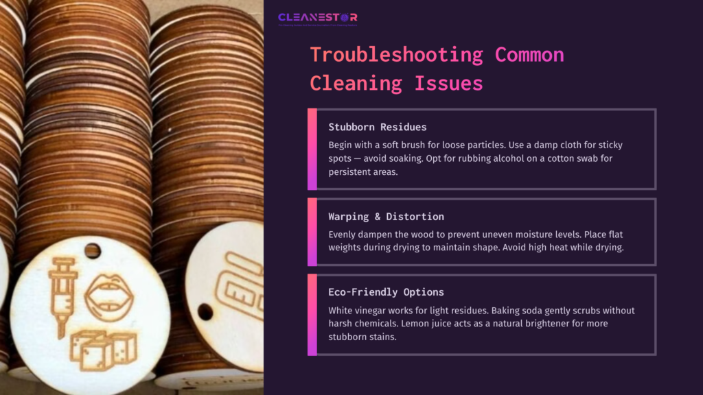 Laser-Cut Wood Pieces Stacked In A Fan Arrangement, Featuring Various Designs, With A Pink And Black Background Detailing Cleaning Tips.