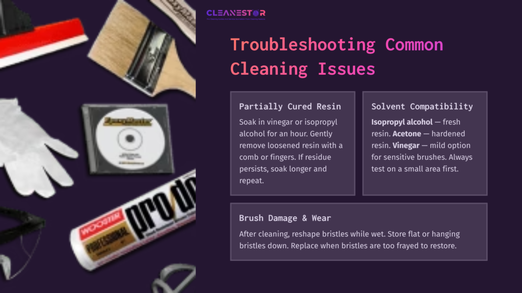 9 Troubleshooting Common Cleaning Issues 5 Collection Of Cleaning Tools And Materials On A Dark Background, Including Paint Brushes, A Bottle Of Isopropyl Alcohol, And A Cd, With Text Highlighting Troubleshooting Tips For Cleaning Epoxy Resin.