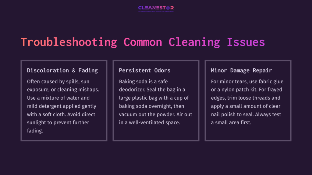 Three Sections On A Dark Purple Background Address Cleaning Issues: Discoloration, Odors, And Minor Damage, With Easy-To-Follow Tips.