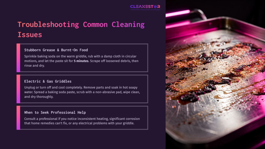 A Griddle With Stubborn Grease And Burnt Food, A Damp Cloth, And Baking Soda On A Purple Background, Highlighting Cleaning Tips.