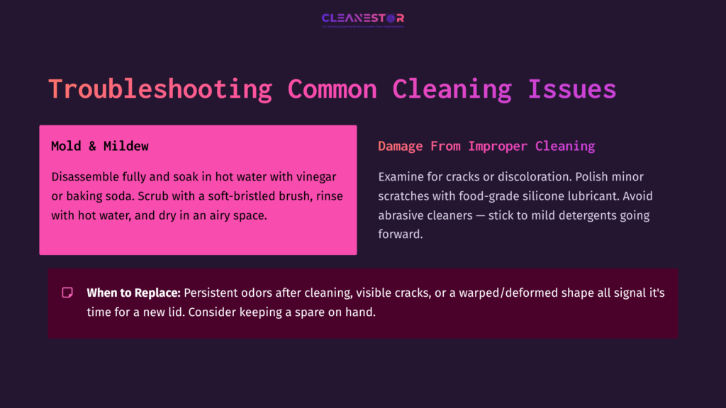 Text On A Gradient Background Outlining Cleaning Issues, Featuring Headings About Mold, Mildew, And Proper Cleaning Methods In White And Pink Fonts.