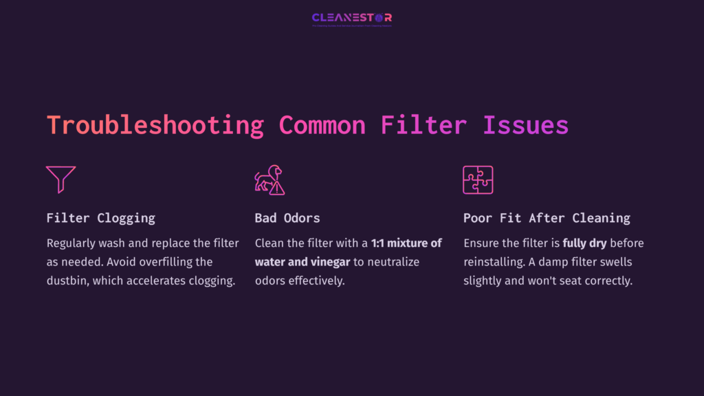 Text On A Dark Purple Background Detailing Common Filter Issues For Roborock, Including Maintenance Tips And Solutions With Icons.