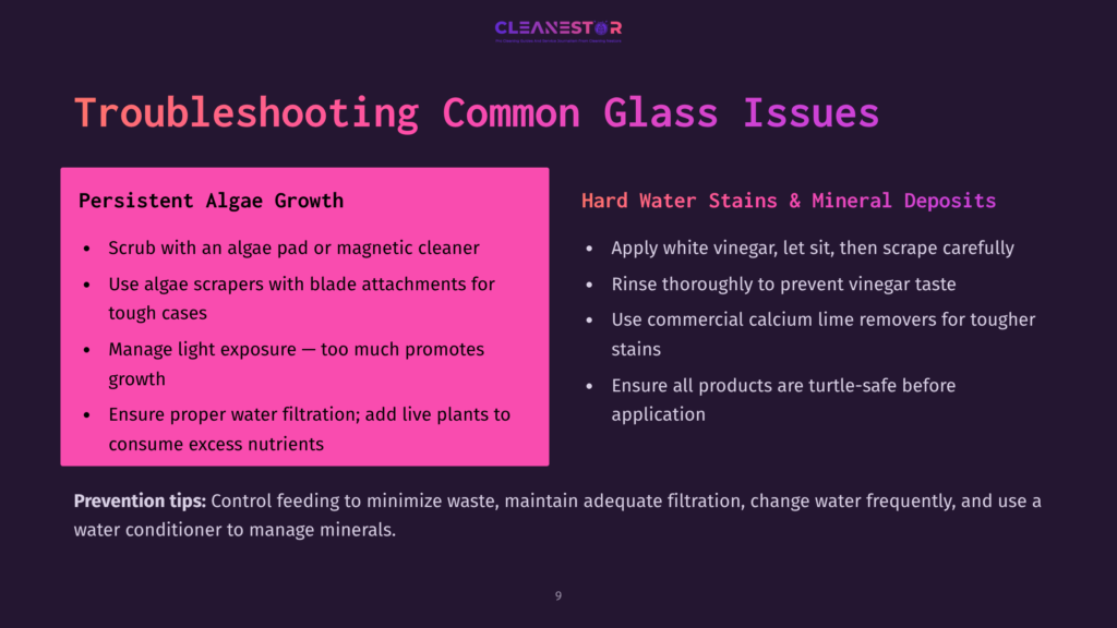 Instructions For Cleaning Turtle Tank Glass With Tips On Algae Growth, Hard Water Stains, And Preventive Measures, Highlighted In Bold Colors.