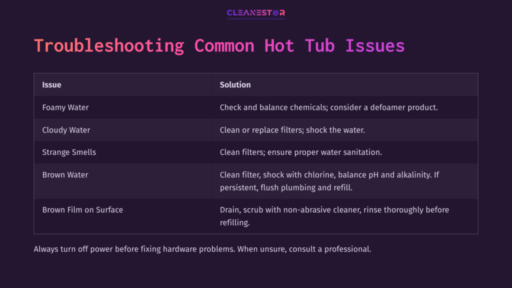 Purple Background With White Text Outlining Troubleshooting Tips For Common Hot Tub Issues, Including Solutions For Foamy Water, Odors, And Surface Stains.