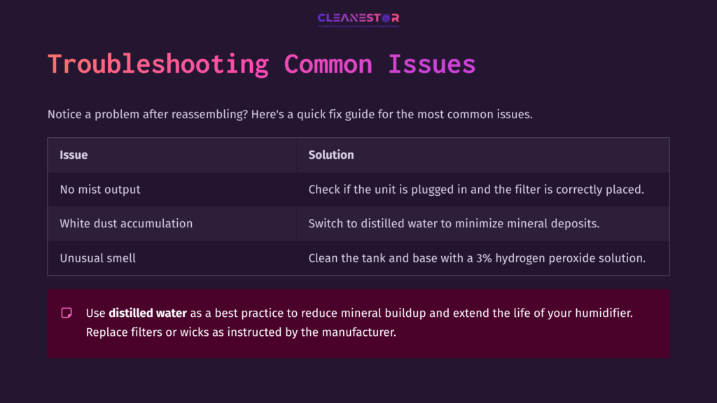 Table With Troubleshooting Issues For A Humidifier, Featuring Headings And Solutions In White Text On A Dark Purple Background.