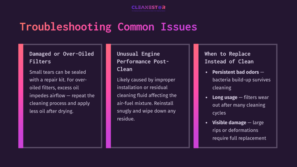 9 Troubleshooting Common Issues 10 Graphic With Troubleshooting Tips For Air Filter Cleaning. Features Black Background, White Text, And Colorful Accents On Sections.