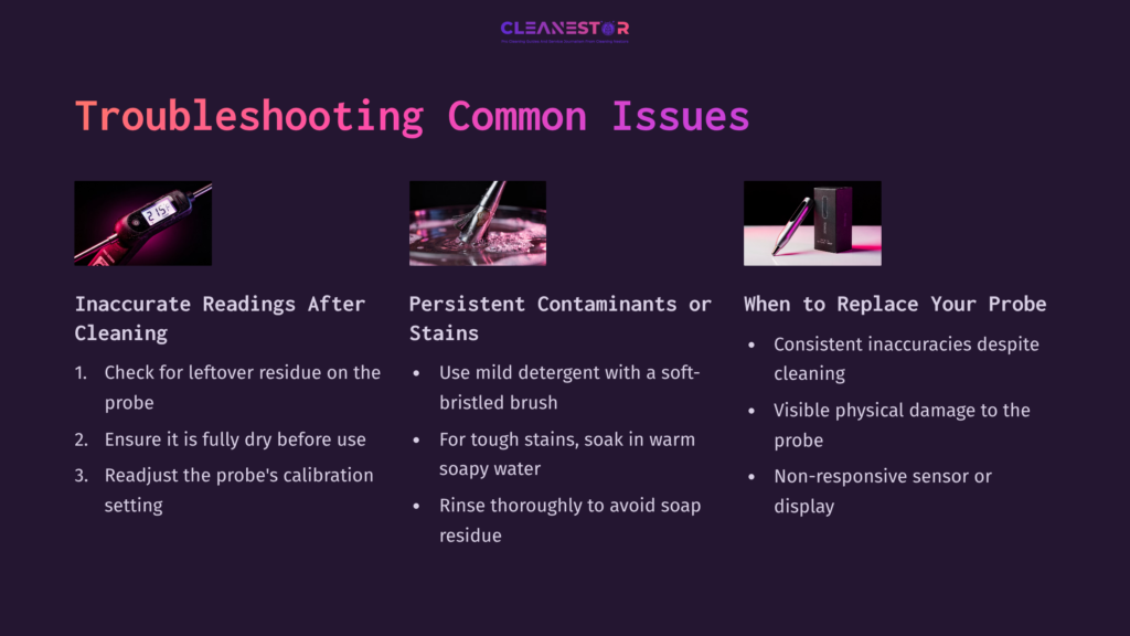 A Pink And Purple Graphic Outlines Troubleshooting Tips For Cleaning Temperature Probes, Including Common Issues And Solutions.