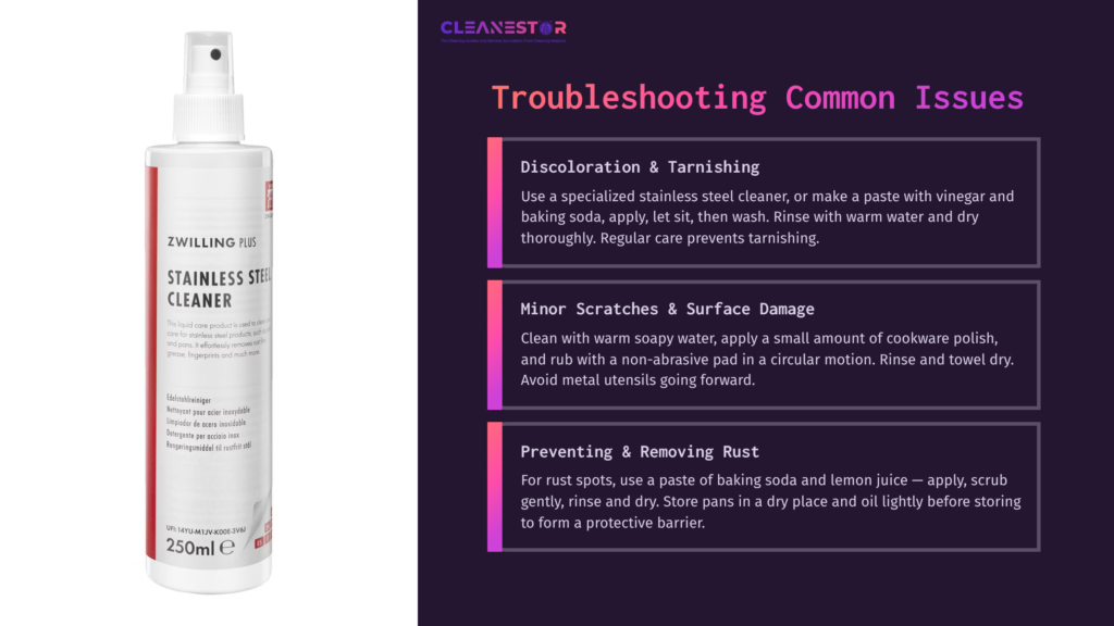 9 Troubleshooting Common Issues 12 White Spray Bottle Labeled “Zwilling Stainless Steel Cleaner,” Against A Dark Purple Background, With Troubleshooting Tips Alongside It.