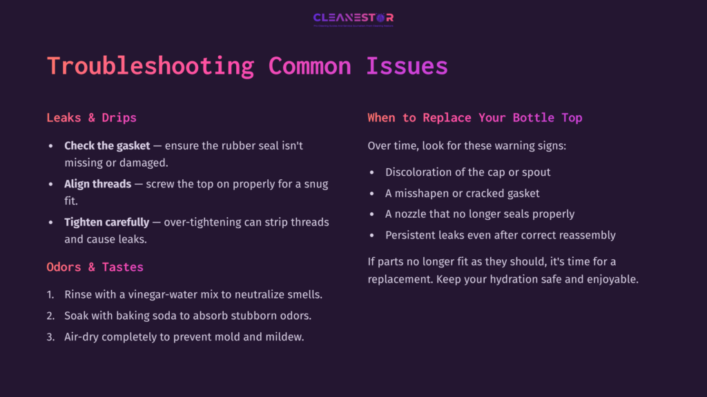 Text Layout With Bulleted Troubleshooting Tips For Cleaning Gatorade Bottle Tops, Featuring Purple And White Colors Against A Dark Background.