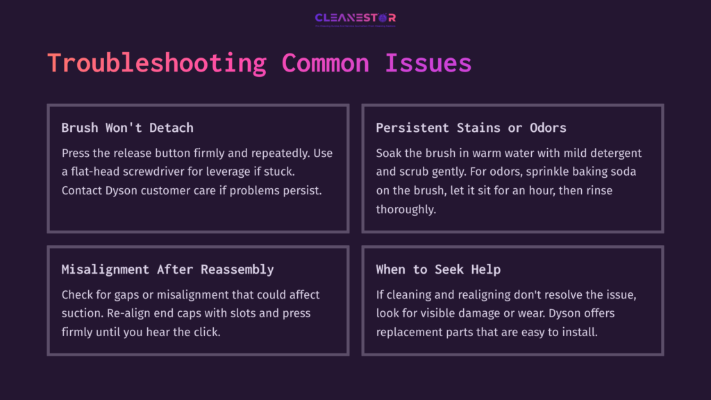 Chart Outlining Troubleshooting Tips For Dyson Roller Brush V8, Featuring Sections On Detaching, Stains, Reassembly, And When To Seek Help.