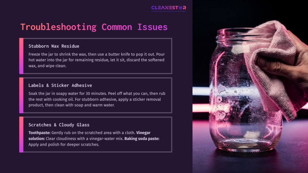 A Jar Being Cleaned With A Cloth, Alongside Text And Tips For Troubleshooting Candle Issues, Featuring Vibrant Colors And A Modern Layout.