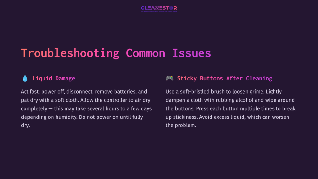 Text-Based Troubleshooting Guide Featuring Liquid Damage And Sticky Buttons Sections, Presented In A Purple And White Layout.