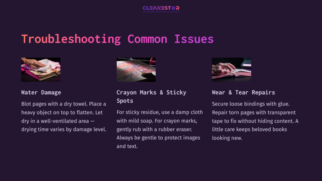 Three Troubleshooting Tips On A Purple Background: Water Damage (Towel), Crayon Marks (Damp Cloth), And Wear &Amp; Tear (Binding Repair).