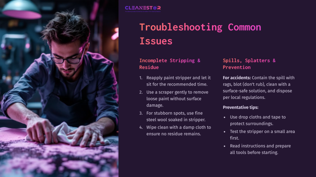 A Person Using A Scraper To Clean Paint Stripper Residue, Surrounded By Tools. Text On The Side Outlines Troubleshooting Tips.