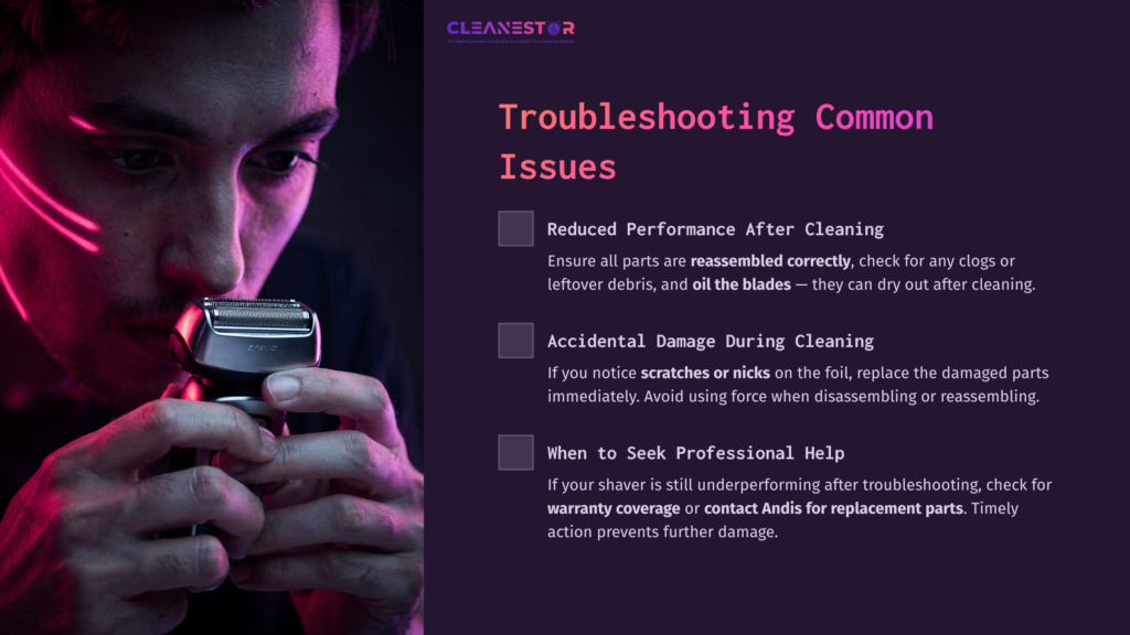A Close-Up Of A Man Cleaning An Andis Foil Shaver, With Troubleshooting Tips Outlined On The Side In Purple And Black Text.
