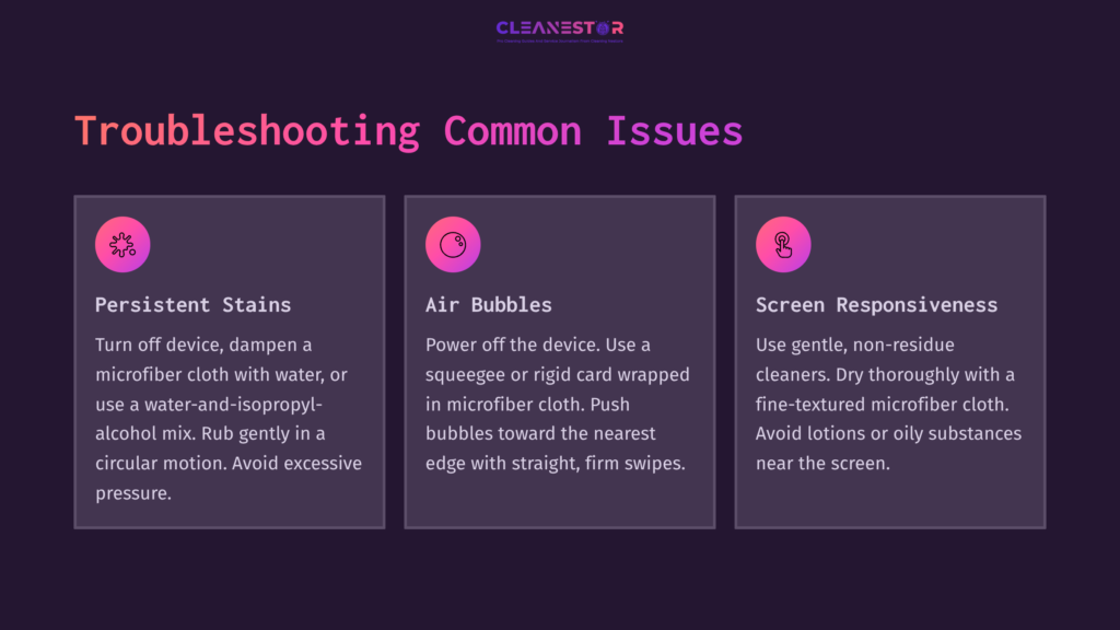 9 Troubleshooting Common Issues 5 Three Sections On A Dark Purple Background Provide Troubleshooting Tips For Screen Protector Issues, Featuring Icons And Brief Instructions.