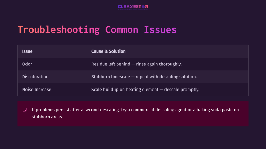 Dark Purple Background With White Text Listing Troubleshooting Issues For The Secura Electric Kettle, Highlighting Odor And Limescale Solutions.