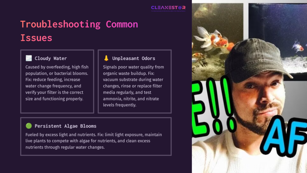 A Colorful Background Features Goldfish Swimming In A Tank, With Tips For Troubleshooting Common Water Quality Issues Displayed.