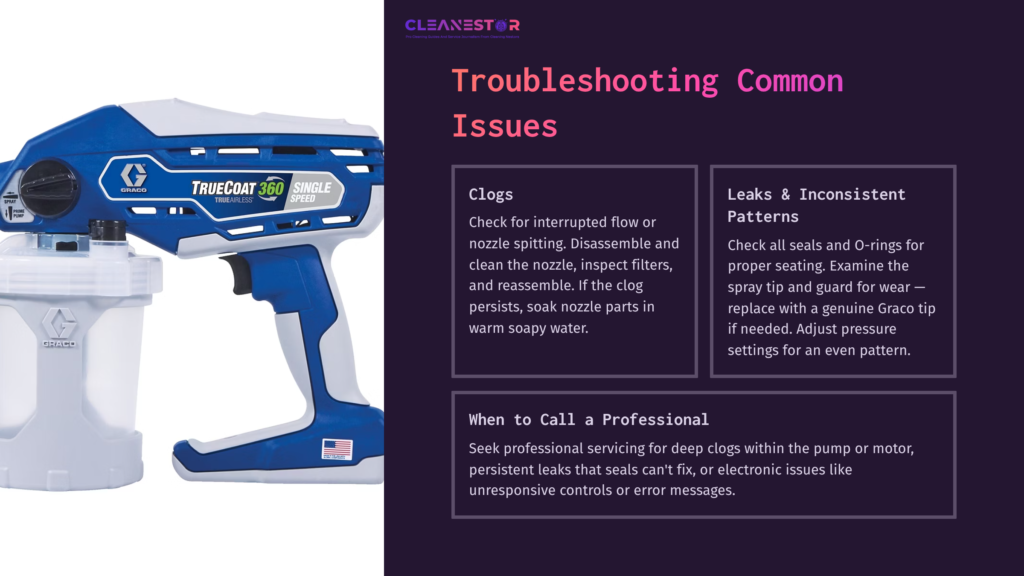9 Troubleshooting Common Issues 8 Blue Graco Truecoat 360 Paint Sprayer On A White Background, Accompanied By Troubleshooting Tips For Clogs And Leaks, Highlighted In Purple.