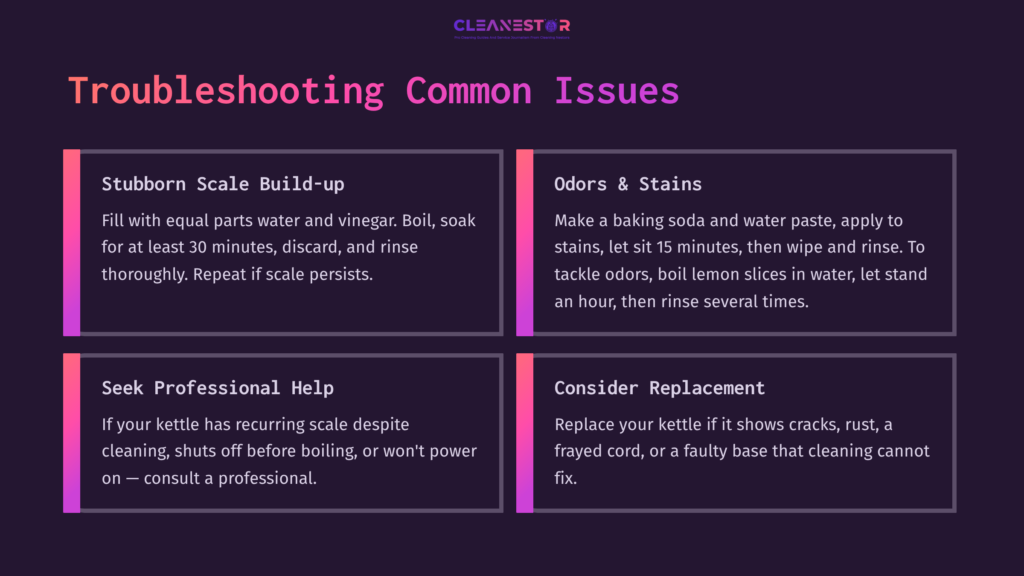 Four Sections Outlining Troubleshooting Tips For Cleaning An Electric Kettle, Featuring Bold Headings And Colored Layouts For Clarity.