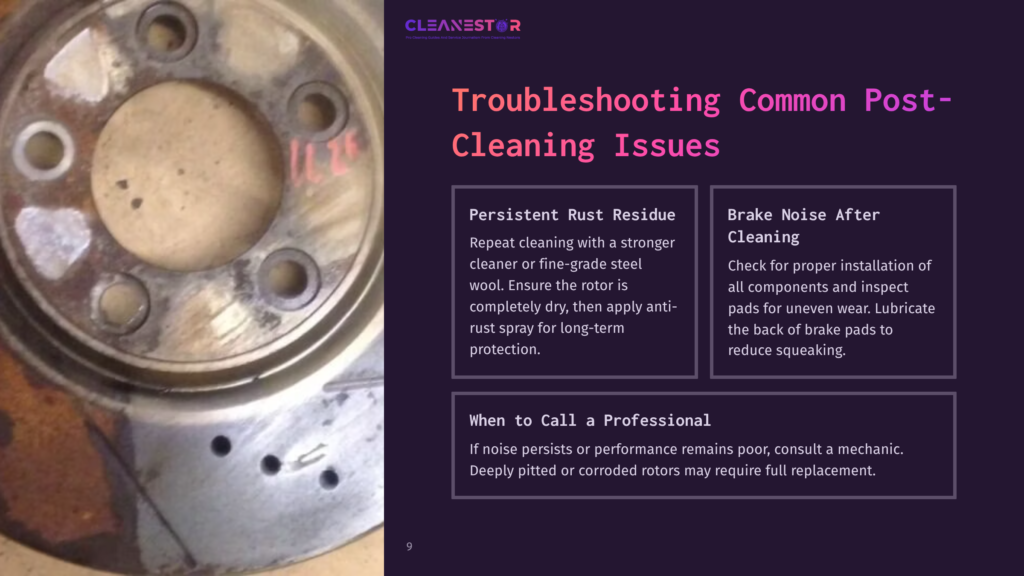 9 Troubleshooting Common Post Cleaning Issues 1 A Rusty Brake Rotor With A Metallic Finish, Accompanied By Troubleshooting Tips In Purple And White Text On A Dark Background.