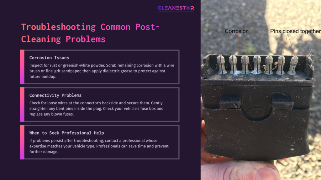 Close-Up Of A Trailer Plug Showing Corroded Metal Pins And Advice On Cleaning, With A Purple And Black Background.