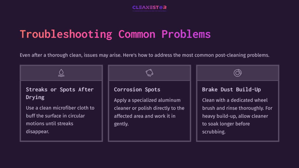 9 Troubleshooting Common Problems Three Troubleshooting Tips In Boxes On A Purple Background: Addressing Rust Spots, Corrosion Spots, And Brake Dust Build-Up.