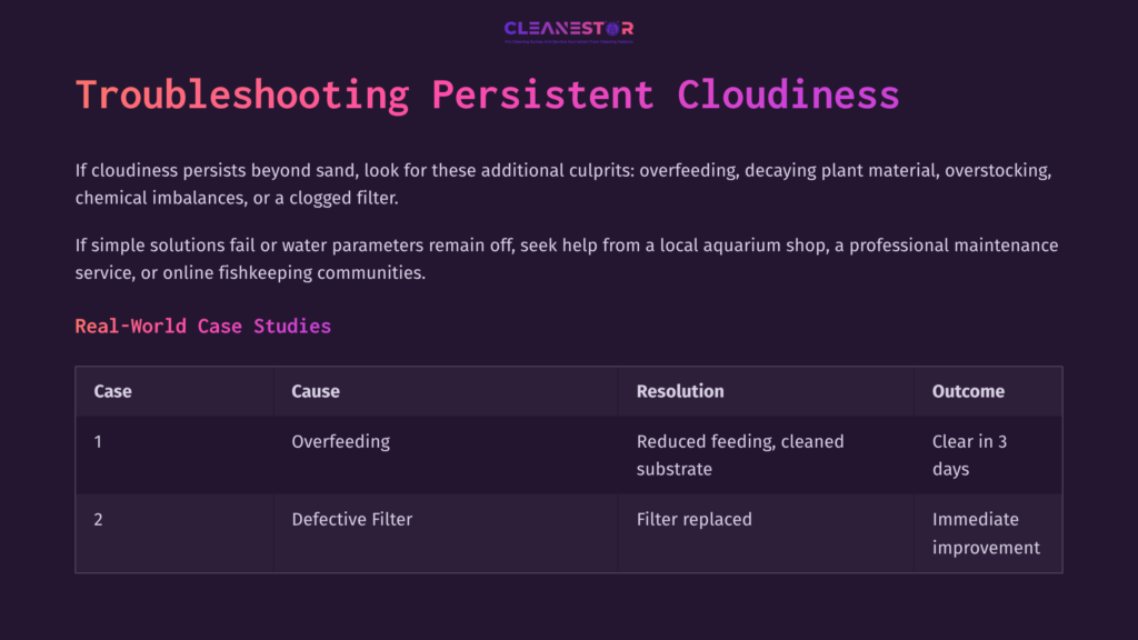 Dark Background With White Text Highlights Troubleshooting Steps For Cloudy Aquarium Water, Listing Causes And Resolutions In A Table Format.